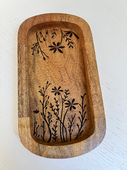 Wooden Etched Flower Design Tray
